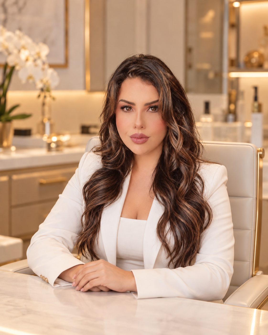 Dra. Alessandra Resende sentada à mesa do consultório, de terno branco