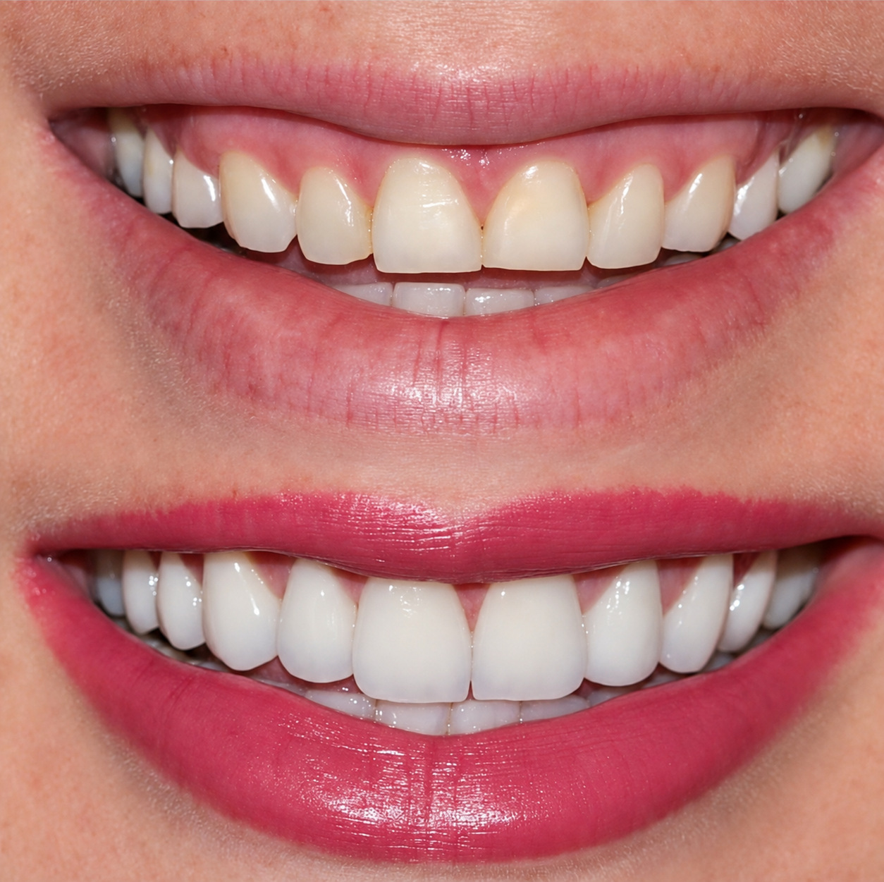 Antes e depois de lentes dentárias: em cima o sorriso antes, embaixo depois